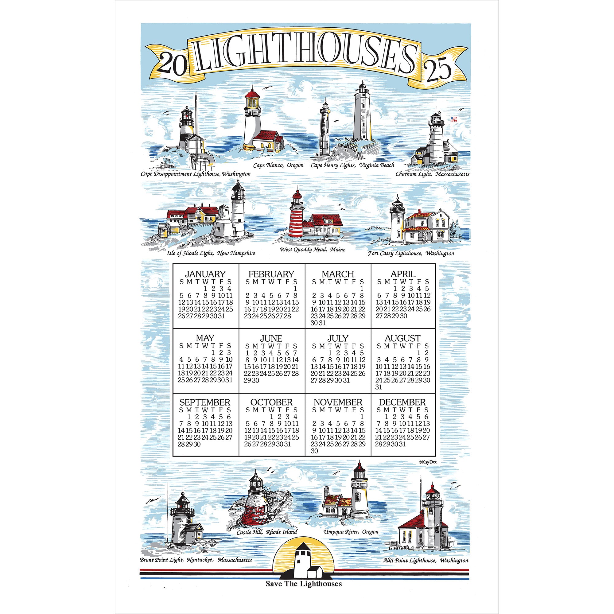 2025 Linen Calendar Towel Lighthouses The Country Christmas Loft