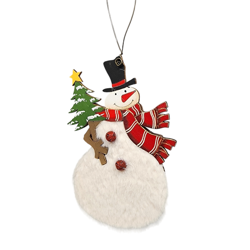 Wood and Fur Snowman Ornament - Tophat with Tree