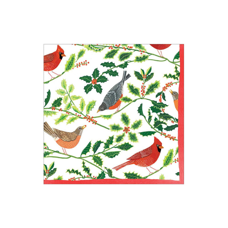 Songbirds and Holly Paper Cocktail Napkins in White - 20 Per Package