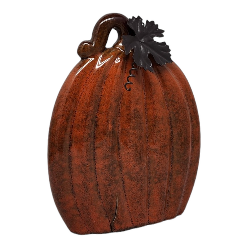 Ceramic Pumpkin with Metal leaf - 6 Inch -