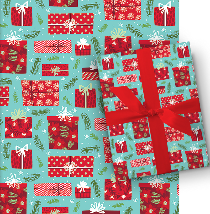 Holiday Whimsical Roll Wrap - 30" x 168" - Presents on Blue