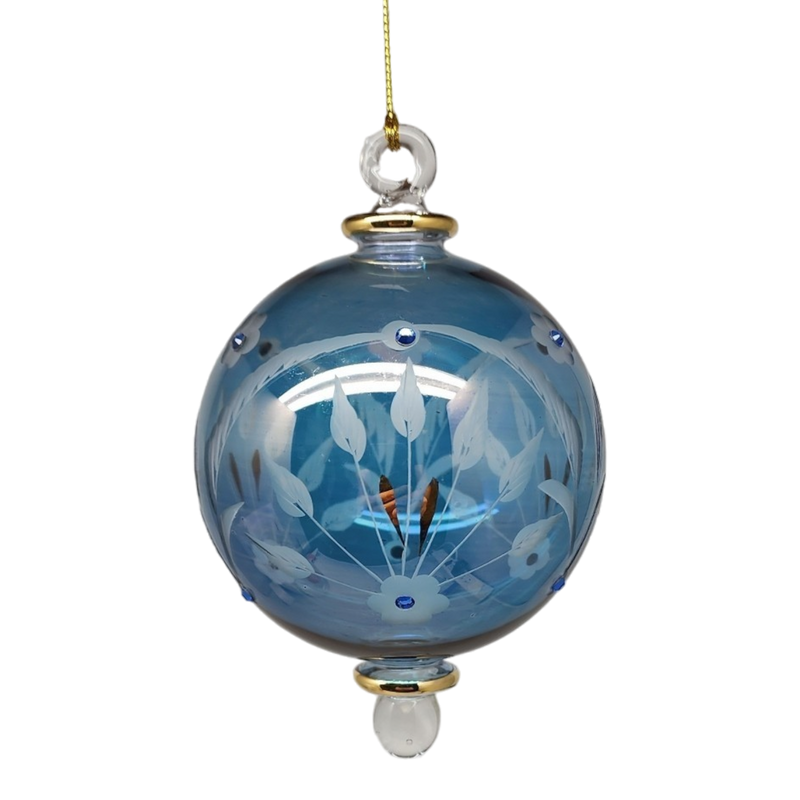 Etched Blown Glass Ball with Crystal Accents - Blue