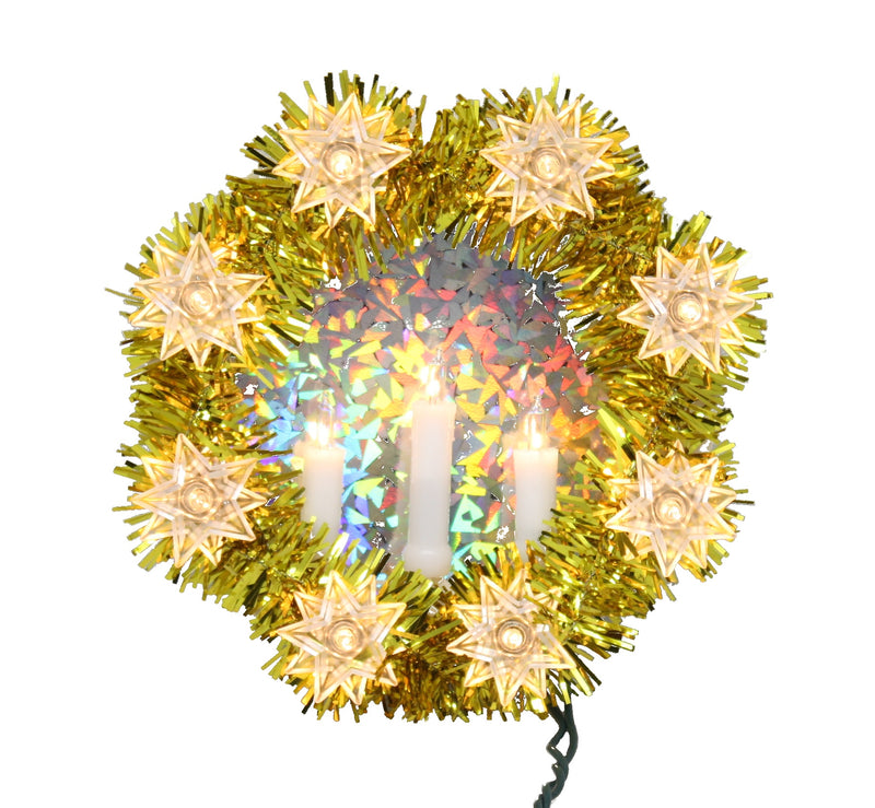 8 Inch Round Candle Tinsel Tree Topper - 11 Lights - Gold - The Country Christmas Loft