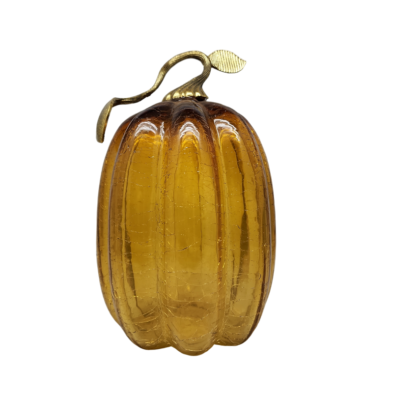 Handblown Glass Amber Pumpkin with Metal Stem - 9 Inch