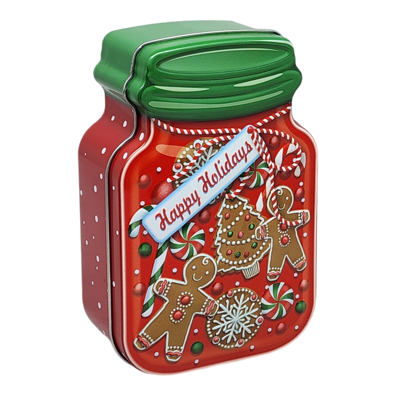 Jar Shaped Christmas Cookie Gift Tin -  Happy Holidays Gingerbread