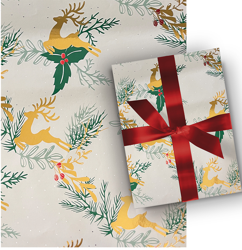 Premium Foil Roll Wrap - 30" x 120" - Golden Reindeer Reverie