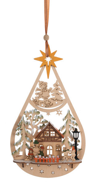 Wooden Cabin Scene Teardrop Ornament