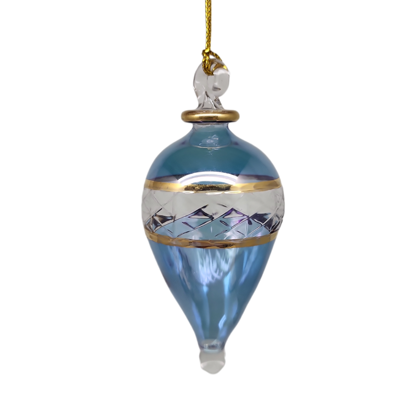 Lattice Glass Ornaments With Gold Accents - Light Blue Teardrop