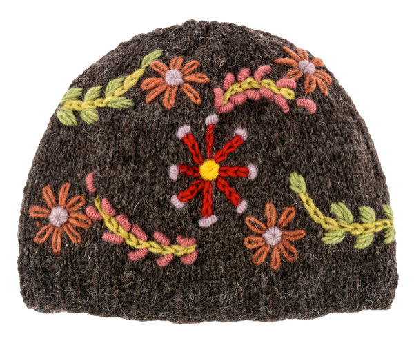 Knit Embroidered Floral Winter Hat -