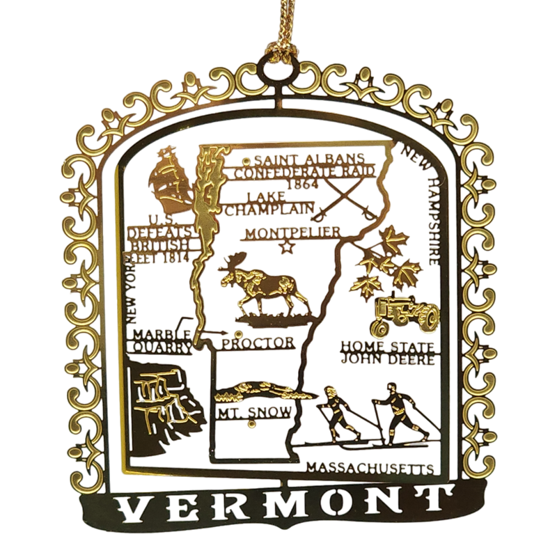 Solid Brass Ornament - Vermont Map and Landmarks