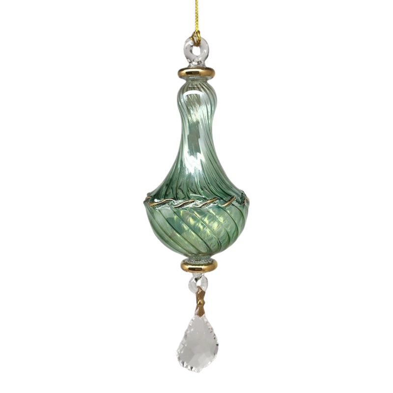 Blown Glass Twisted Chandelier Ornament with Crystal Dangle - Green