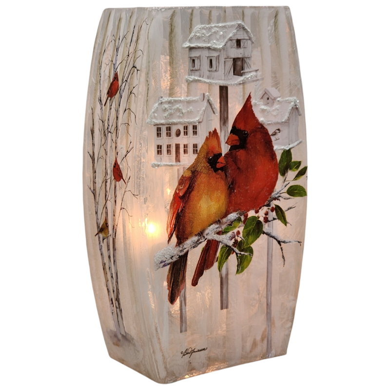 Cardinal Birdhouses Prelit Glass Vase - 2 Cardinals