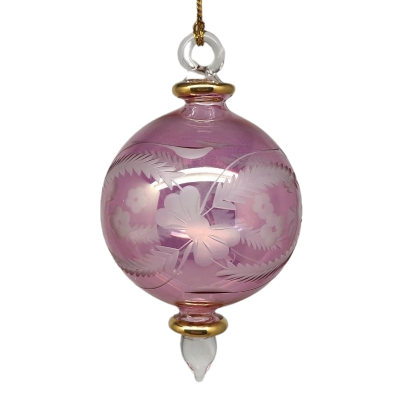 Etched Blown Glass Ball Ornament - Pink