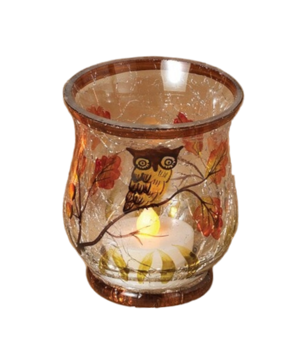 Hand Painted Crackle Glass Tealight Holder - Owl