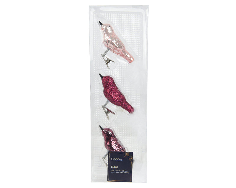 Glass and Enamel Clip on Bird Ornament Set - Pink and Red