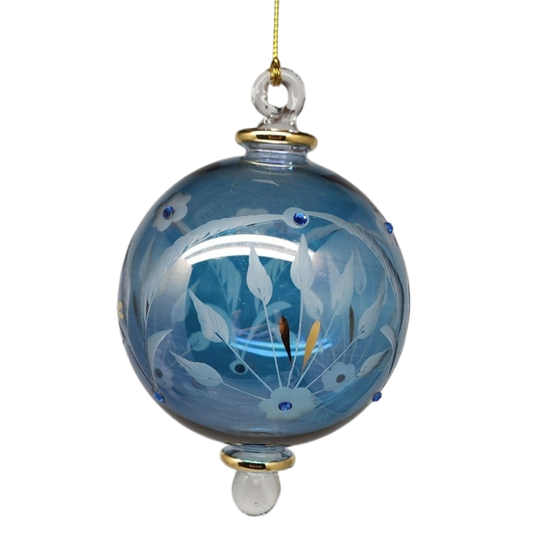 Etched Blown Glass Ball with Crystal Accents - Blue