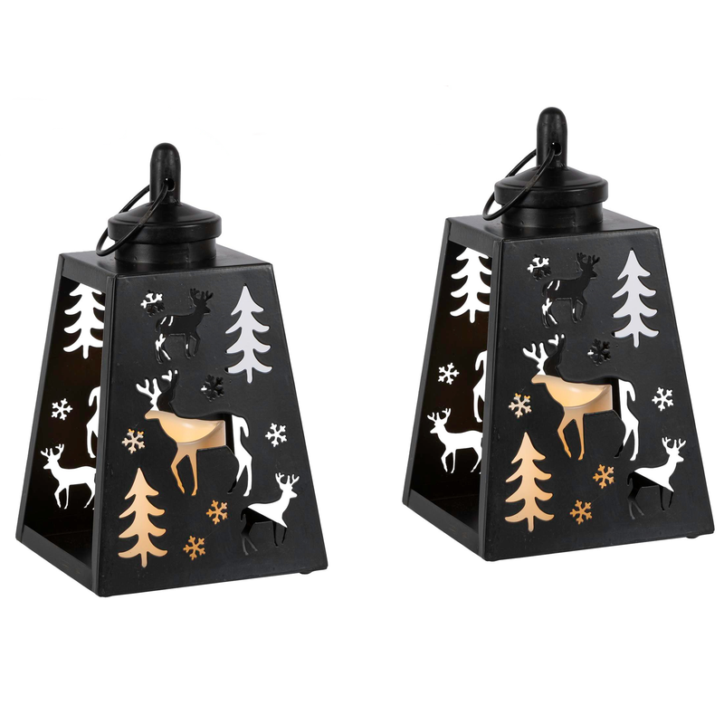 Set of 2 - Metal Lanterns with LED Candle - Black