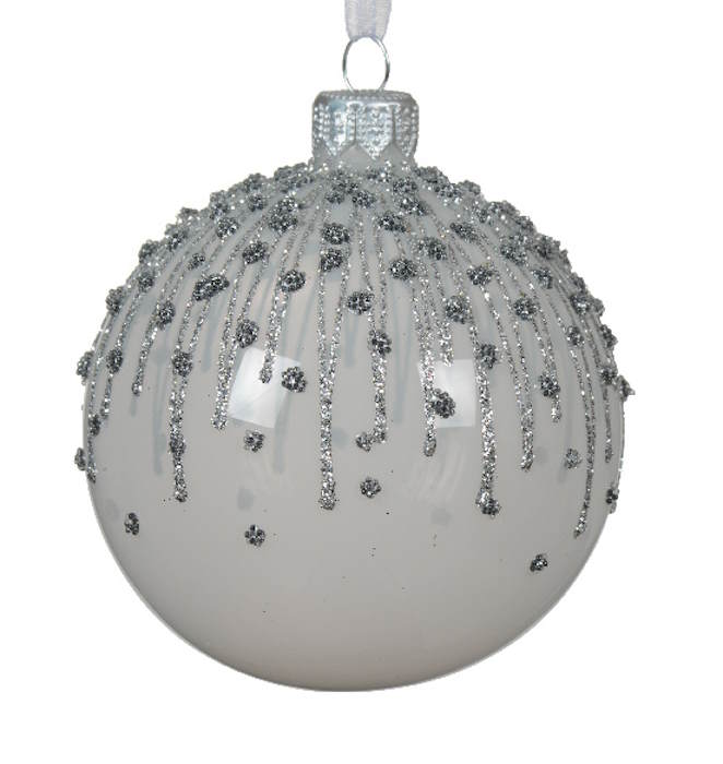 Enamel Ice Glass Ornament Set - 80mm - Silver and White