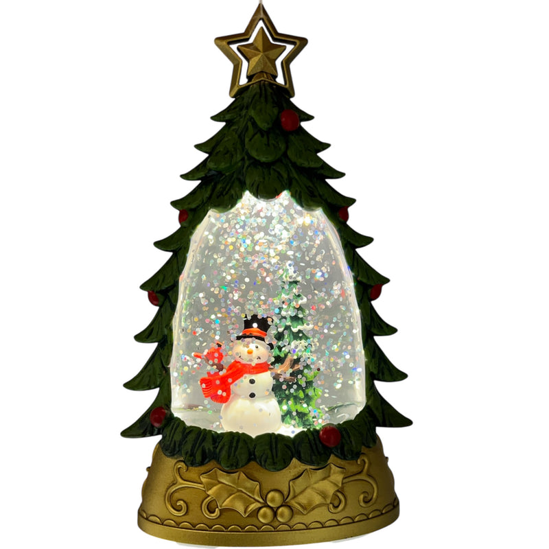 B/O Snowman With Cardinal Lighted Holiday Water Globe Tree