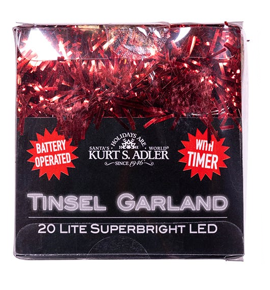 Lighted Tinsel Garland - Battery operated - Red