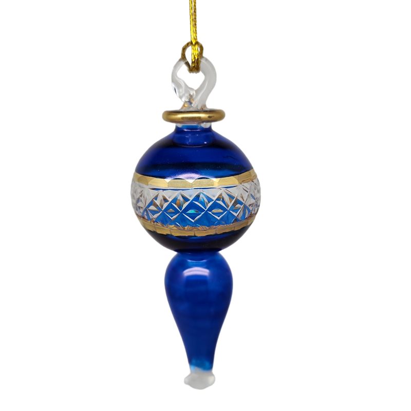 Lattice Glass Ornaments With Gold Accents - Blue Ball with Finial