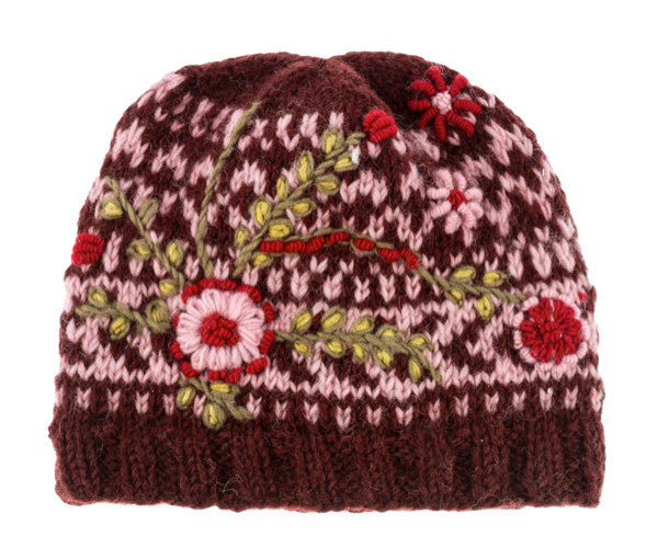 Knit Embroidered Floral Winter Hat -