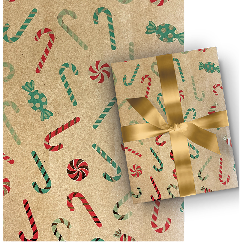 Kraft Foil Roll Wrap - 30" x 96" - Candy Cane Classic