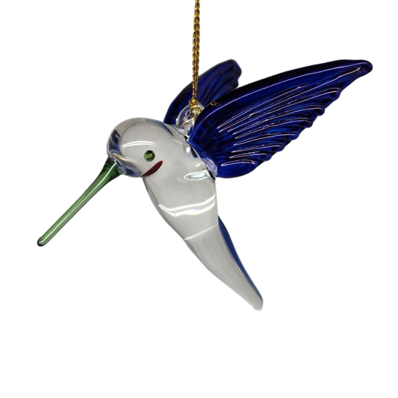 Feeding Hummingbird - Blue/Blue/Green - Egyptian Glass Ornament