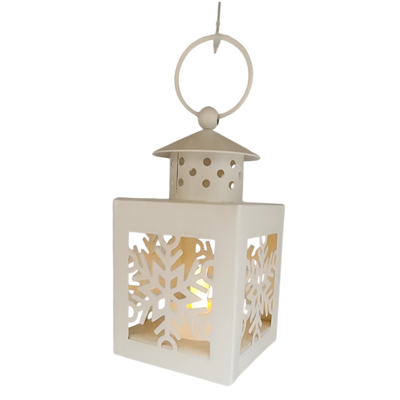 B/O Lighted Metal Holiday Lantern with LED Tealight - White