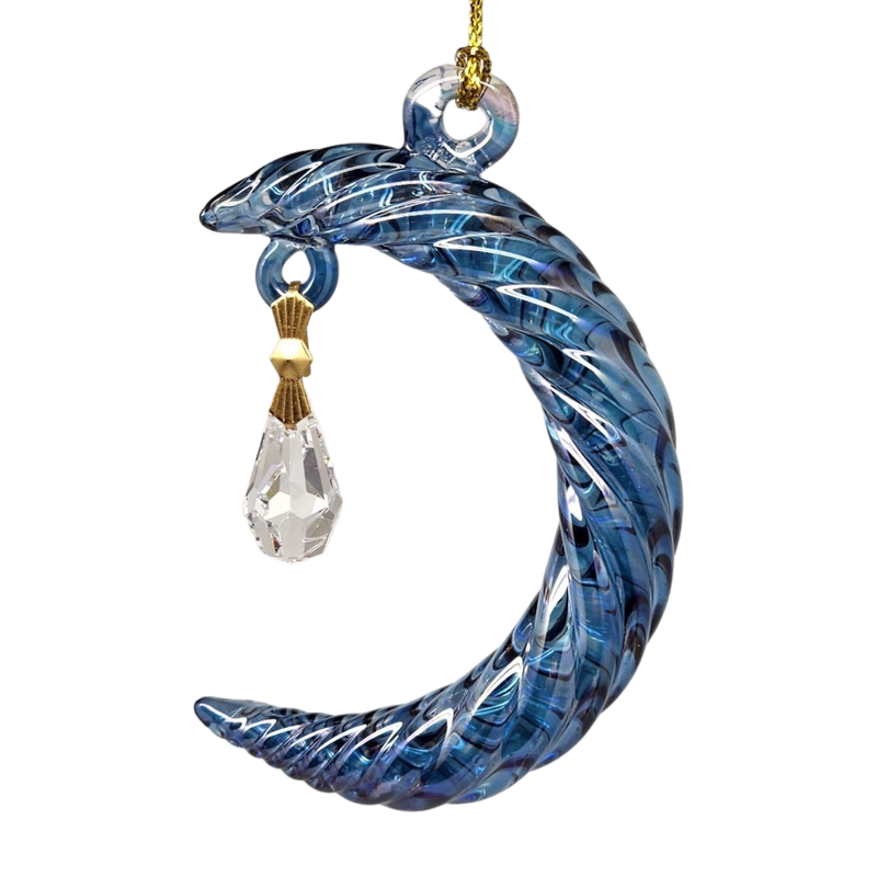 Small Crescent Moon Glass Ornament - Blue