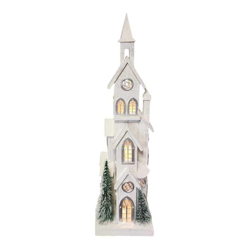 Lighted White Wood Church - 34.4 Inch