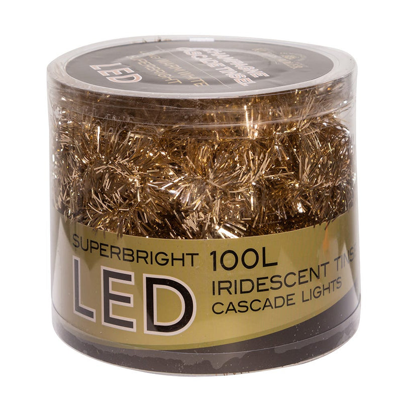 Champagne Iridescent Tinsel With Warm White Superbright LED Cascade Light - 6.5' - 100 Light