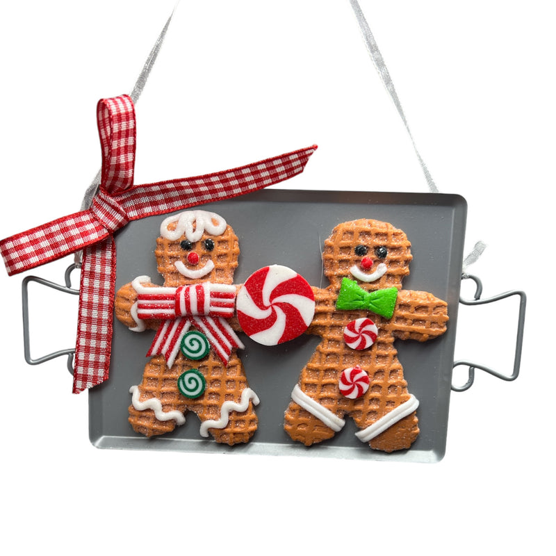 Clay Dough Gingerbread Cookies on Metal Pan  Ornament Stripe Bow