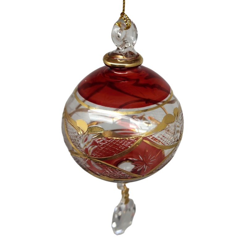 Etched Blown Glass Ball with Crystal Dangle - Red