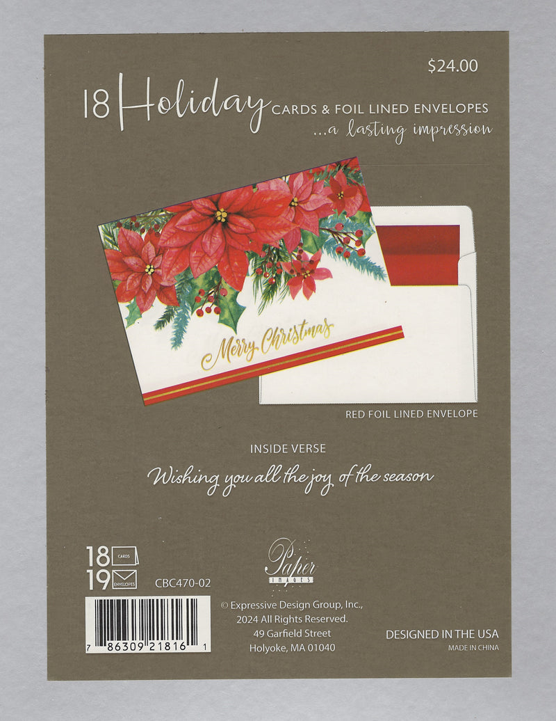 Luxury Boxed Cards - Set of 18 - Poinsettia Garland