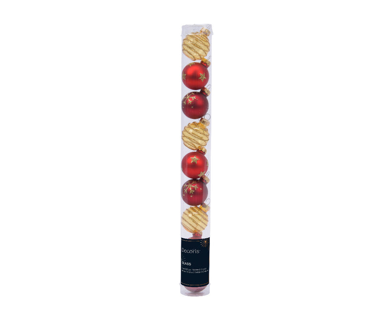 Tube of 9 Glass Ornaments - 30mm - Red & Gold