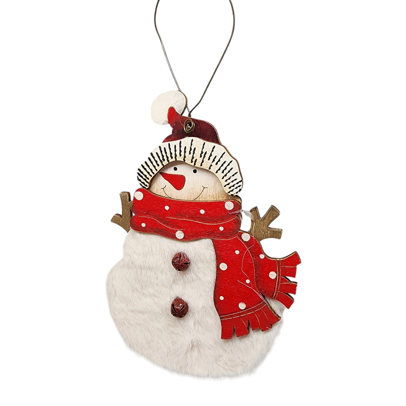 Wood and Fur Snowman Ornament - Stocking Hat