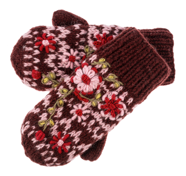 Knit Embroidered Floral Mittens - Burgandy