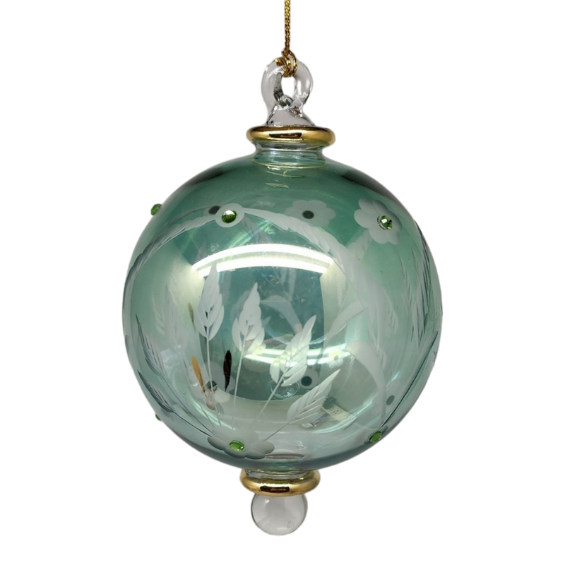 Etched Blown Glass Ball with Crystal Accents - Glass