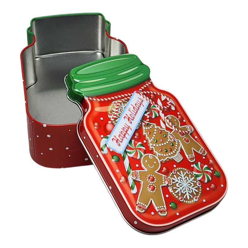 Jar Shaped Christmas Cookie Gift Tin -  Happy Holidays Gingerbread