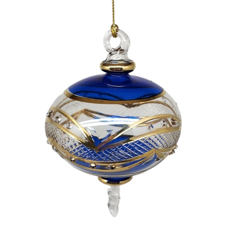 Gold Etched Blown Glass Sphere - Blue