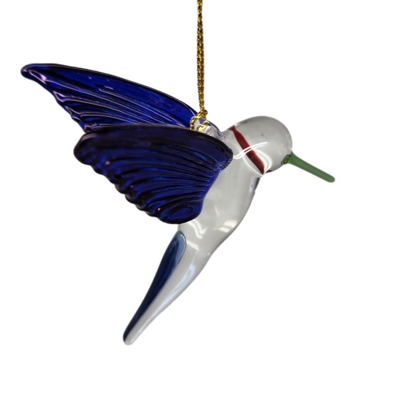 Feeding Hummingbird - Blue/Blue/Green - Egyptian Glass Ornament