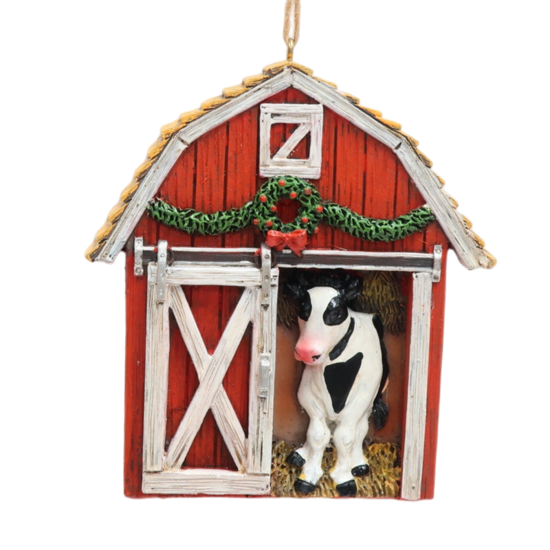 Holiday Barn with Cow Ornament