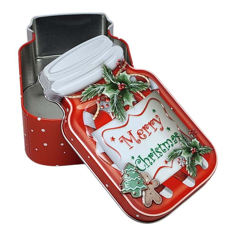 Jar Shaped Christmas Cookie Gift Tin -  Merry Christmas Holly