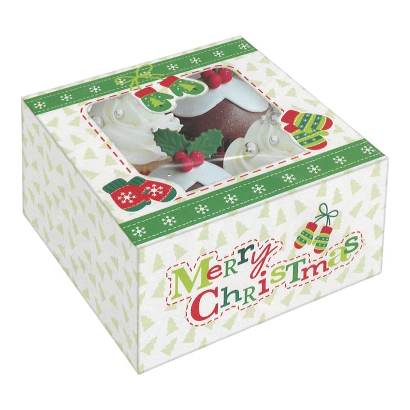 Bakery Box - 4 Cup Cakes or Cookies - Merry Christmas Mittens