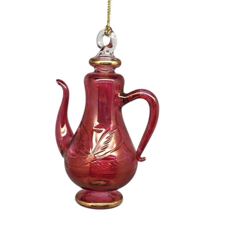 Tall Gold Etched Teapot Ornament - Red