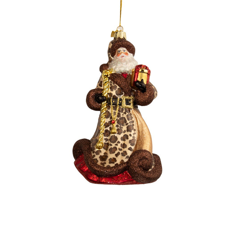 Bellissimo Glass Santa With Leopard Print Ornament