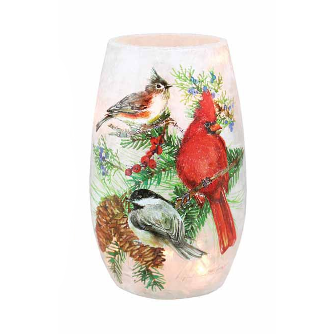 Winter Birds Lit Vase - 3.25 x 3.25 x 5.25 - Cardinal - Chickadee - Titmouse