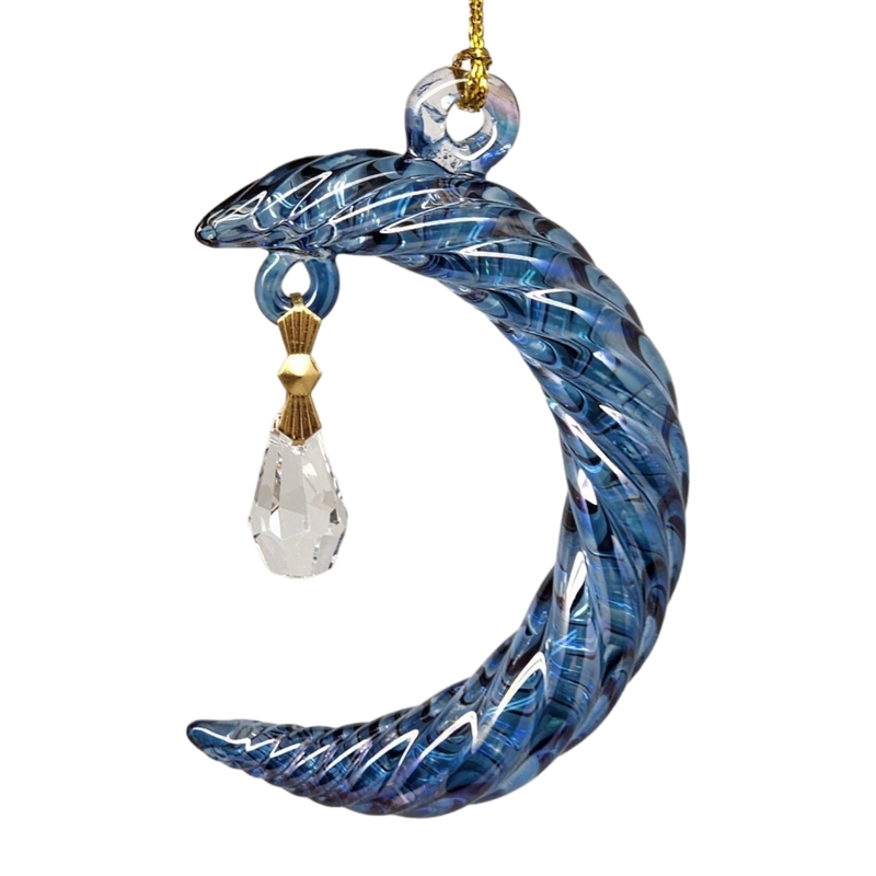 Small Crescent Moon Glass Ornament - Blue