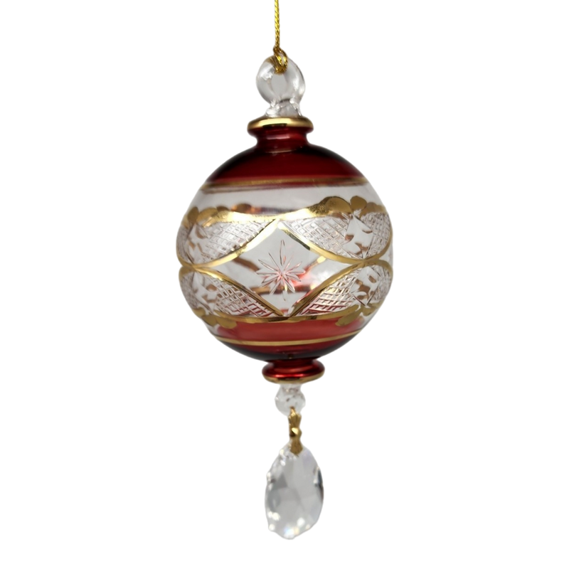 Etched Blown Glass Ball with Crystal Dangle - Red